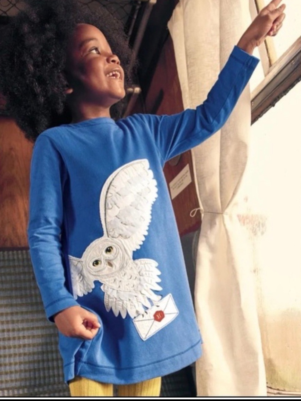 Mini Boden x Harry Potter Blue Kids Long Sleeve hedwig Owl dress